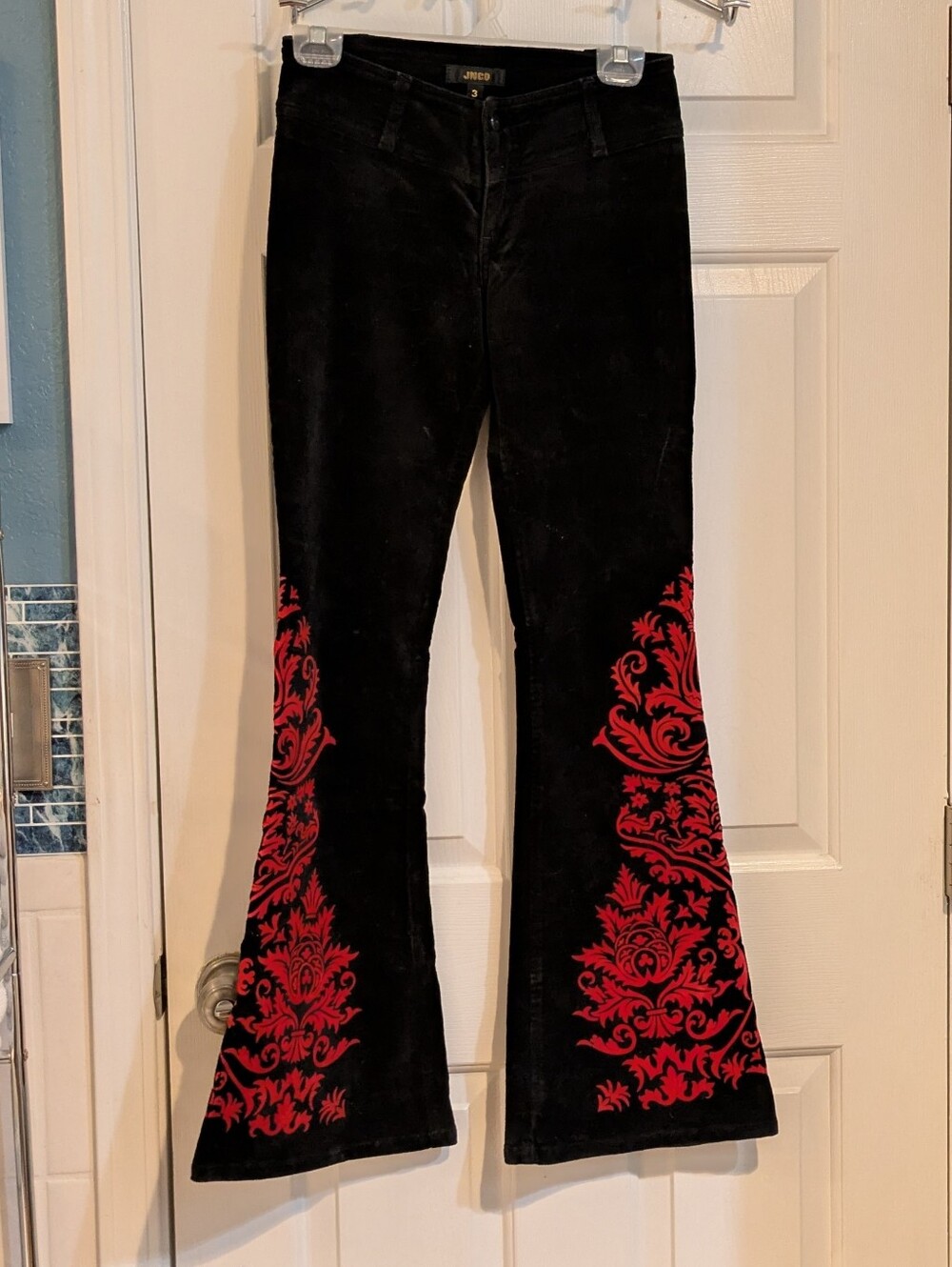 Black Velvet Flare Pants with Red Damask Panels